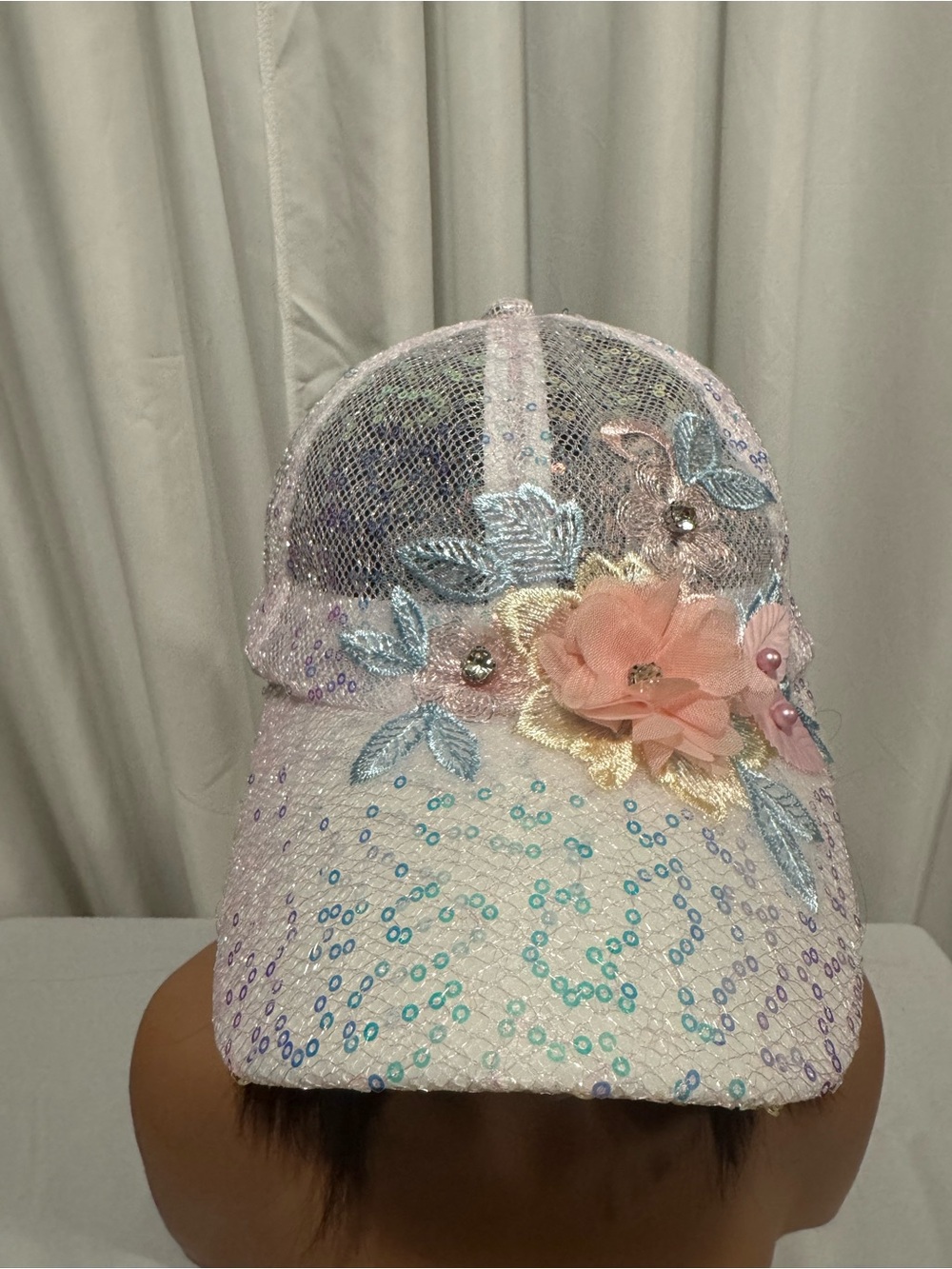Embellished Floral Sequin Baseball Cap - Picture 6 of 8
